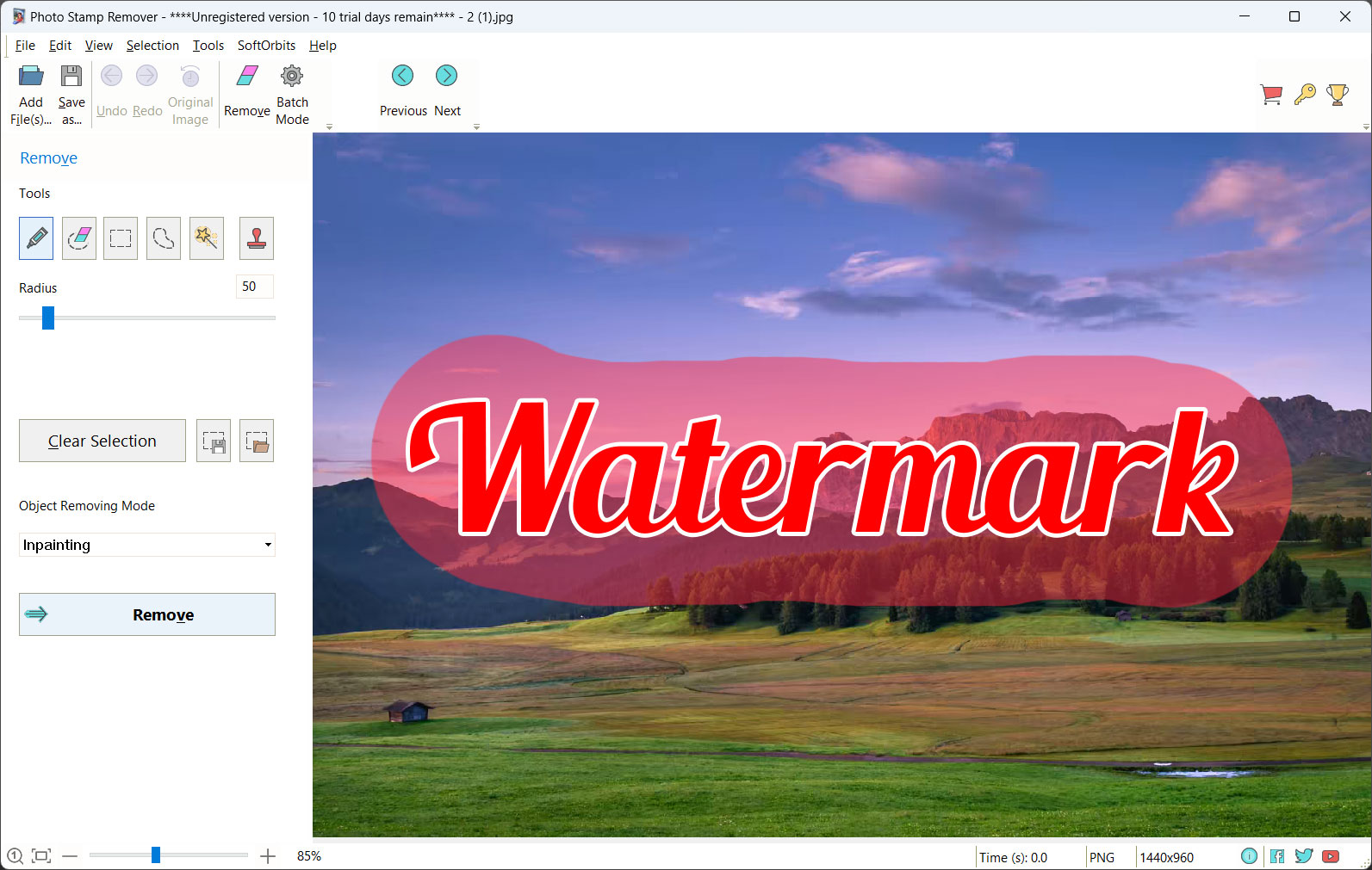 watermark remover screenshot: select the watermark area