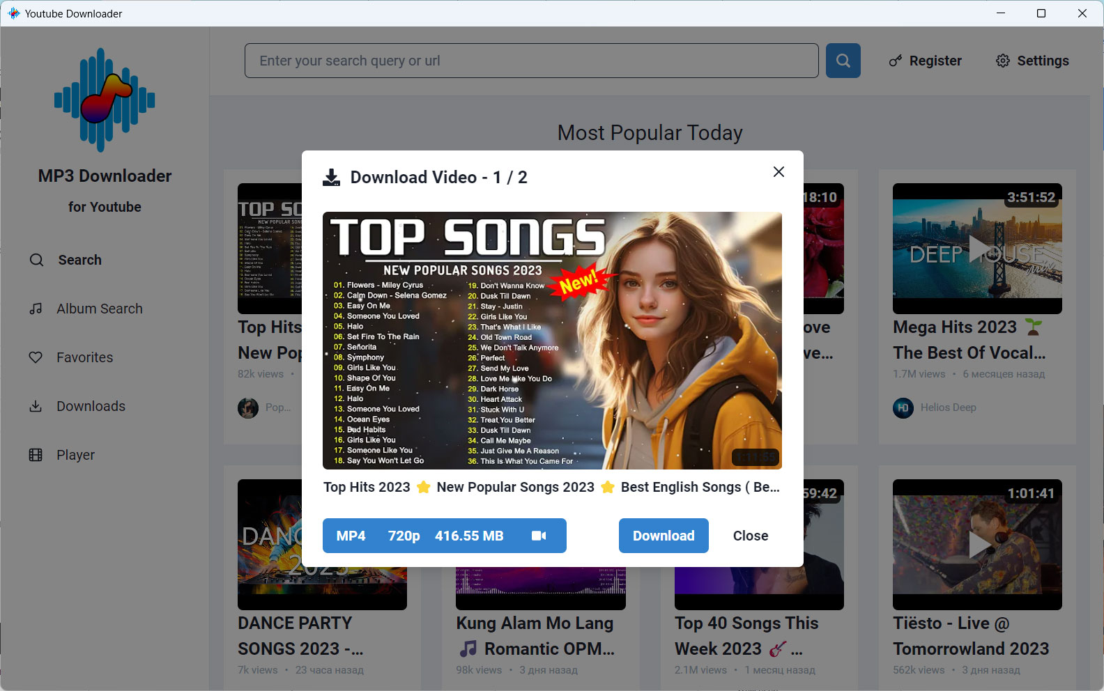 Youtube Downloader Screenshot: Select the MP4 format